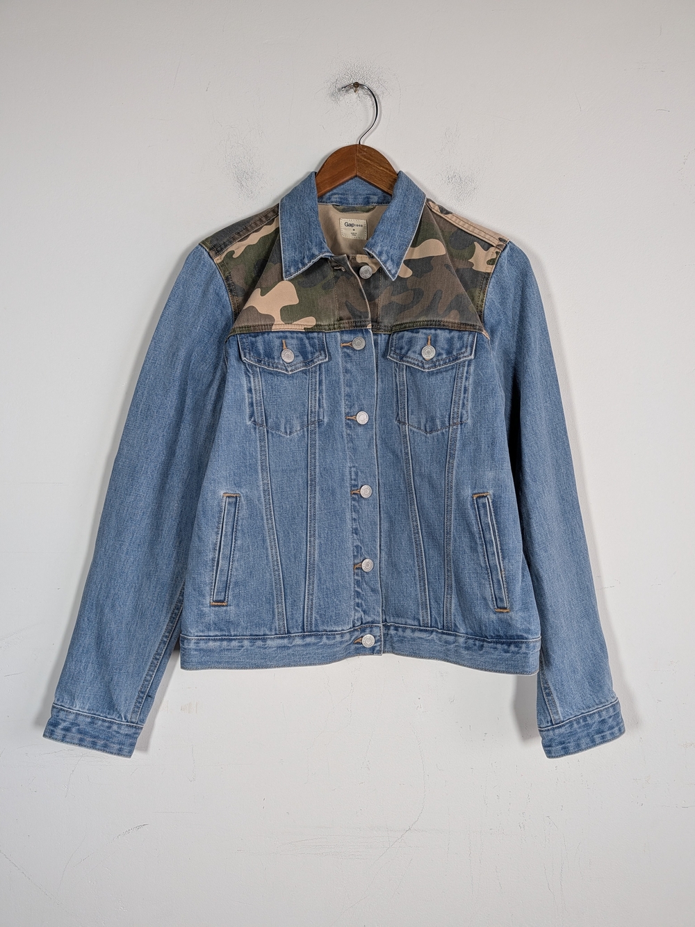 GAP Light Blue Denim Jacket with Camo Yoke, Size M